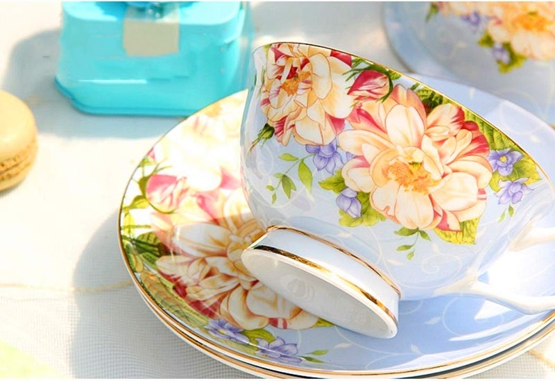 Krysclove Vintage Ceramic Teacup, Elegant Coffee Cup with Spoon and Saucer Set, Fine Royal Bone China Tea Cups (Blue) - Image 3